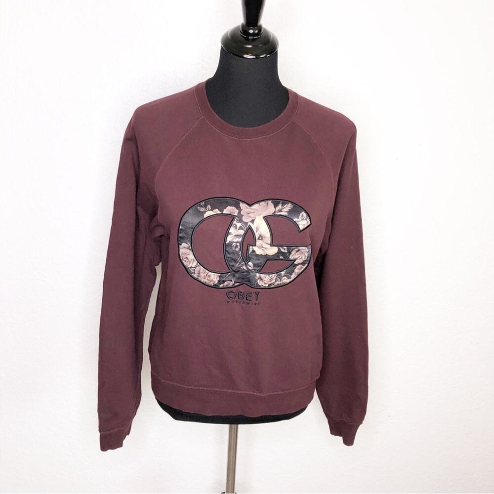 Obey No 89 maroon floral graphic embroidered sweatshirt size Small